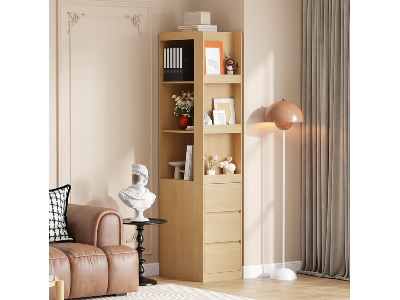  Bibliothèque 60x40x200 cm avec 3 niches et 3 tiroirs réversibles, pour salon et chambre, panneaux de particules, chêne  - Conforama D