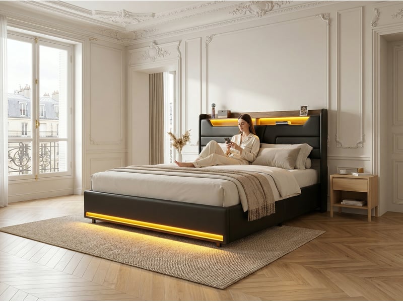  Lit 2 places 140 x 200 cm - éclairage led - prise électrique intégrée et sommier à lattes - noir  - Conforama E
