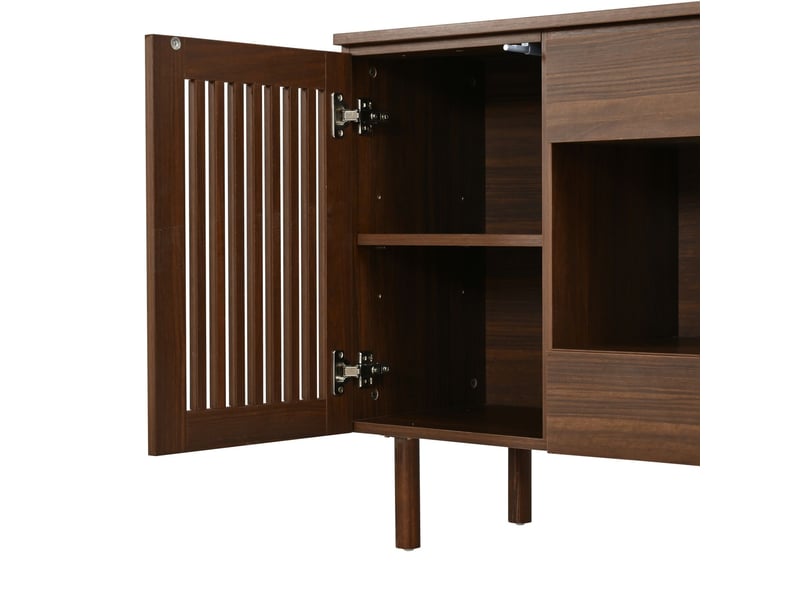  Buffet 140 x 35 x 71 cm 4 tiroirs bahut 2 portes à lamelles 5 pieds en bois massif structure en mdf coloris noyer charge maximale de 70 kg rangement intégré  - Conforama D