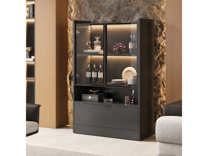  Vitrine noire mate avec éclairage led, portes en verre trempé, 120 x 80 x 35 cm, noir  - Conforama C