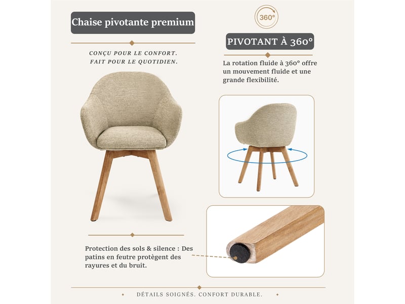 Lot de 2 chaises de salle à manger pivotantes à 360° – fauteuils design cocon, tissu effet lin respirant, pieds en bois massif - gris beige - Conforama R