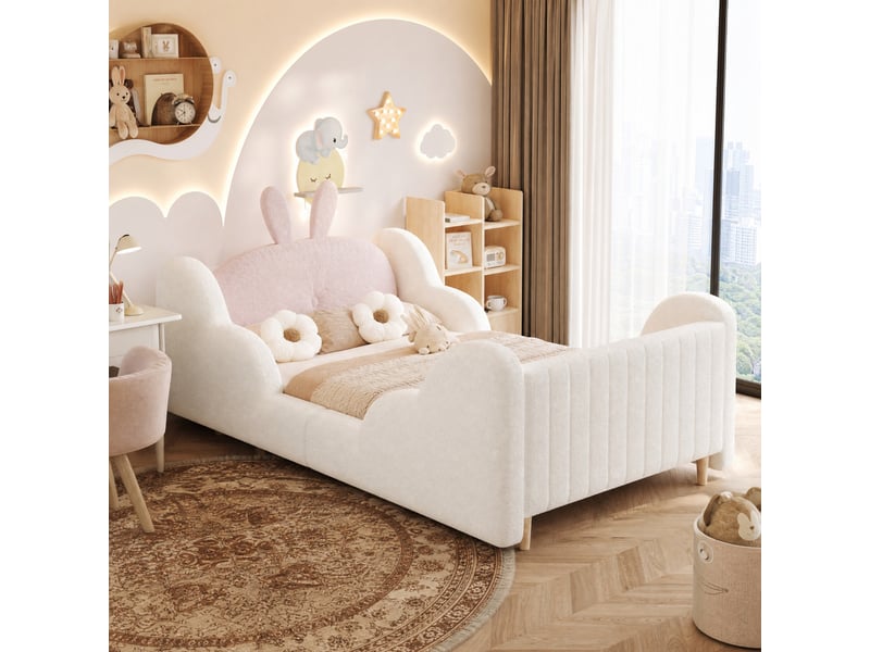 Lit enfant,90x200 cm,avec coussin lapin et barrières nuage,tissu teddy,blanc - Conforama B