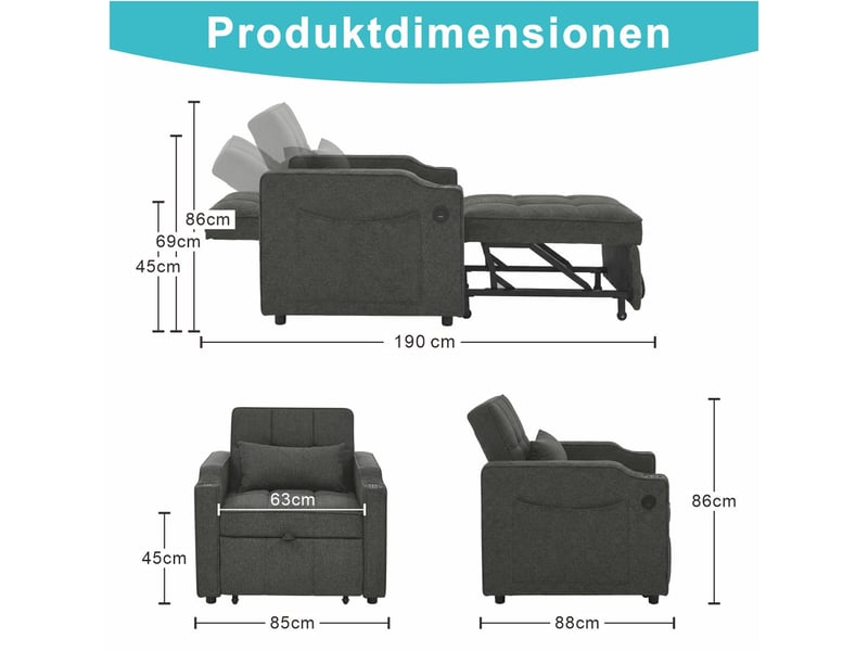  Fauteuil convertible 3 en 1 avec dossier 3 positions et usb  - porte-gobelet, tissu gris foncé 190 cm  - Conforama D