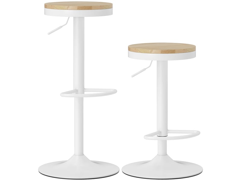 Ensemble 2 tabourets bar réglables, pivotants 360°, acier, repose-pieds, 38,5x38,5x60-80 cm, bois naturel et blanc.  - Conforama A