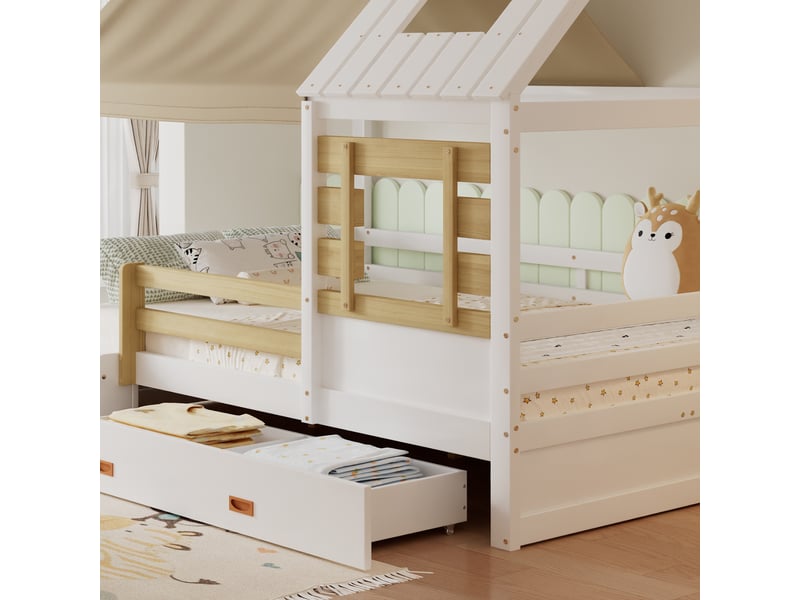  Lit cabane enfant 120 x 200 cm blanc et bois naturel, toit textile amovible, fenêtres, barrières et grand tiroir  - Conforama E
