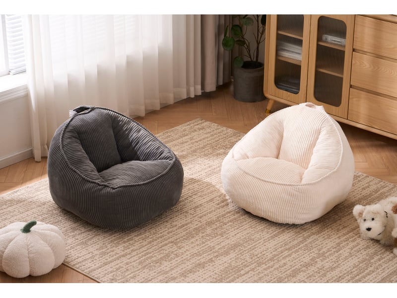  Fauteuil poire enfant en velours côtelé beige avec mousse, 69 x 72 x 51 cm  - Conforama E