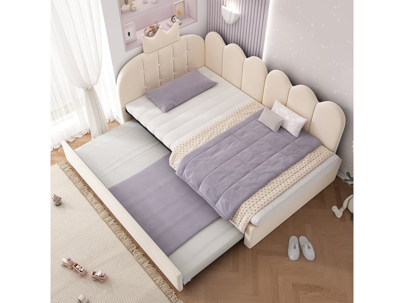  Lit banquette gigogne 90 x 200 cm, forme en l, velours, beige  - Conforama B