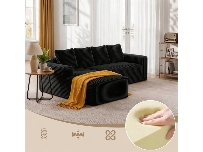  Canapé d’angle modulable 4 places sans montage en velours côtelé, noir  - Conforama C