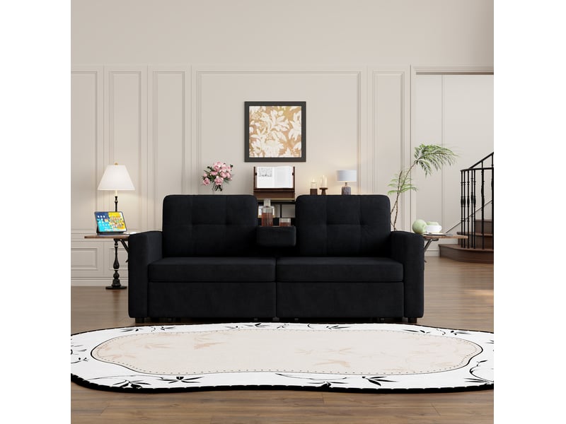 Canapé convertible 2 places avec assise réglable, deux tiroirs, tablettes et porte-gobelets en chenille noir - Conforama E