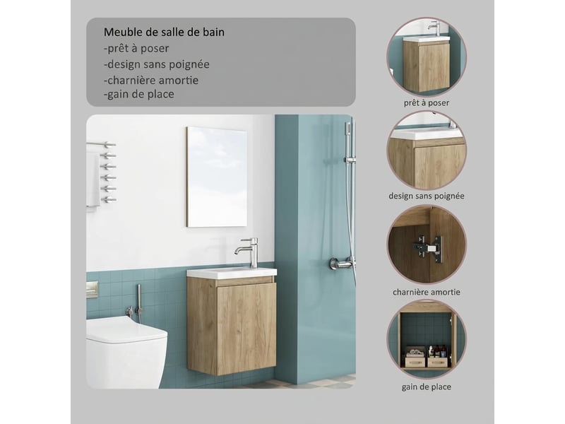 Meuble vasque suspendu 40 cm avec miroir - vasque céramique, meuble sans poignée gain de place - Conforama B