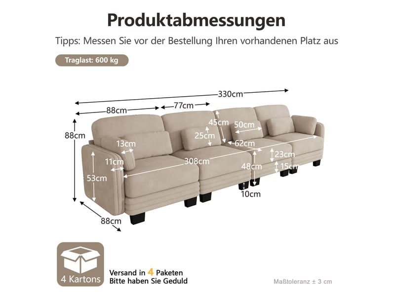  Canapé droit modulaire 4 places 330x88x88 cm, forme ergonomique, coussins de soutien et accoudoirs, chenille, café clair  - Conforama C