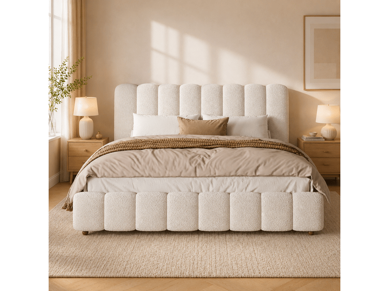 Lit double capitonné 160 x 200 cm - tête de lit et sommier à lattes capitonnés - pieds en bois massif - tissu bouclé blanc (sans matelas) - Conforama D