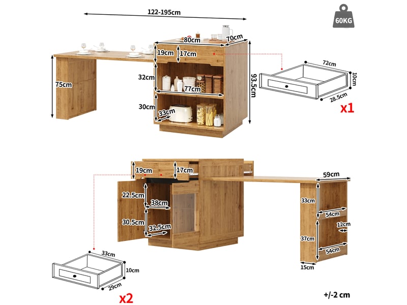 Îlot de cuisine avec table extensible et éclairage led, aspect chêne - Conforama E