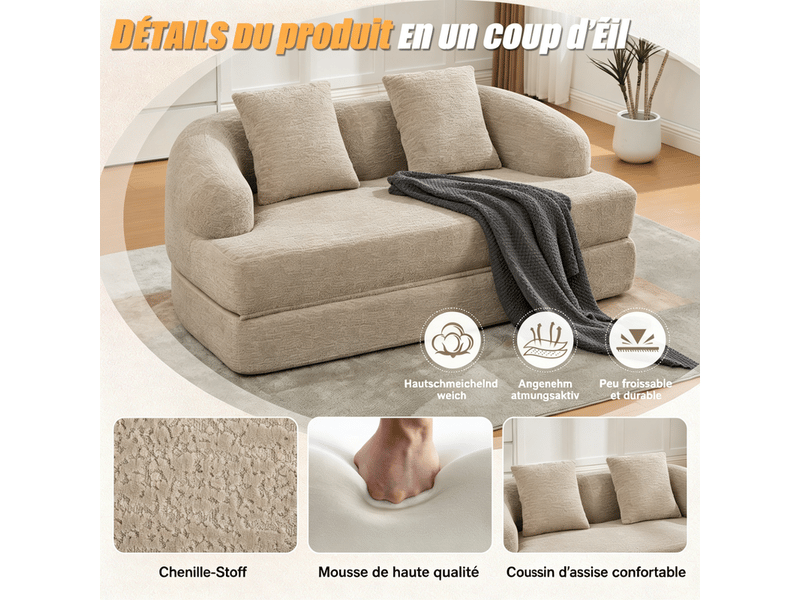  Canapé d'angle 2-en-1, 2 places, avec deux coussins, canapé-lit, 157 x 84 x 65 cm, beige  - Conforama E