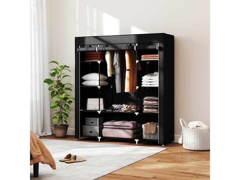  Armoire en tissu avec penderie, 10 étagères ouvertes, housse zippée et structure en acier, 150 x 43 x 162,5 cm, noire  - Conforama C