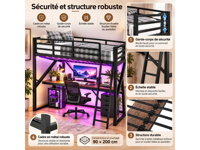  Lit mezzanine enfant 90 x 200 cm en métal avec bureau, éclairage led, échelle et garde-corps, gain de place, noir  - Conforama D