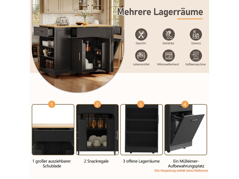  Desserte cuisine, îlot central sur roulettes avec plan de travail, pivotant à 360°, 3 tiroirs, 2 portes, dimensions 120 x 50 x 92 cm, mdf, noir  - Conforama E