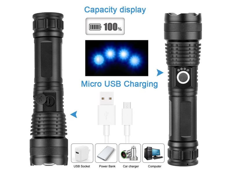  Alliage d’aluminium p50 flashlight light26650 zoom pêche de nuit usb rechargeable extérieur lampe de poche led  - Conforama C