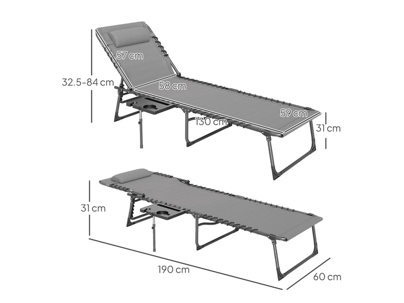  Chaise longue de jardin pliante et inclinable à 5 positions avec table d'appoint et poche, 60 x 190 x 31 cm, gris et noir  - Conforama D