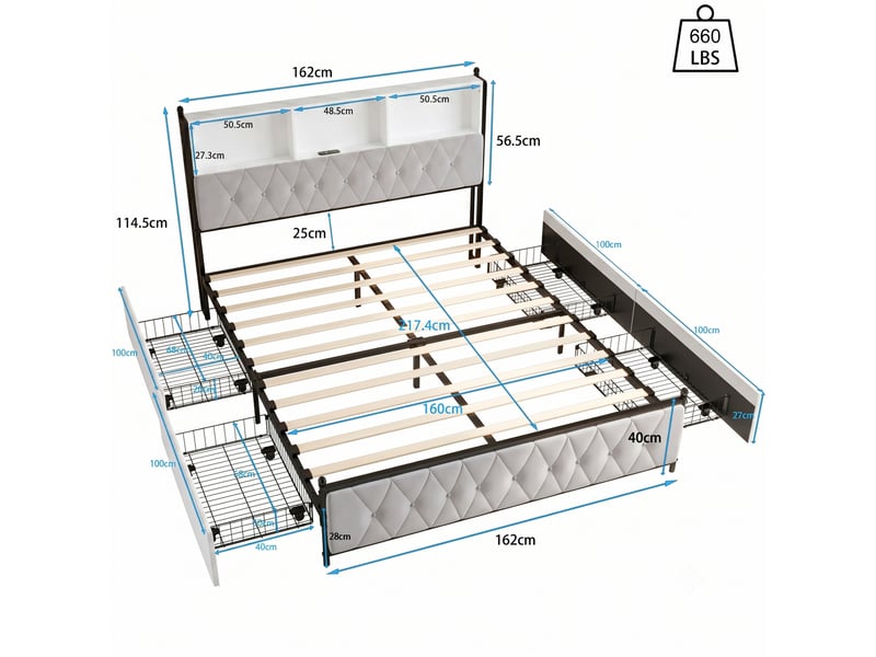  Dreammespace lit coffre rangement 160x200 cm - lit double avec 4 tiroirs &amp; tête de lit étagère led prise usb, velours beige DreamMespace - Conforama E