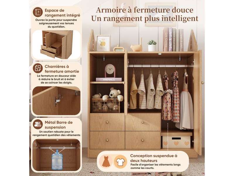  Armoire penderie 100x48x131 cm - grand rangement - 4 tiroirs - 2 portes - bois - pour chambre - garde-robe - mobilier fonctionnel - chêne CozyNest - Conforama E