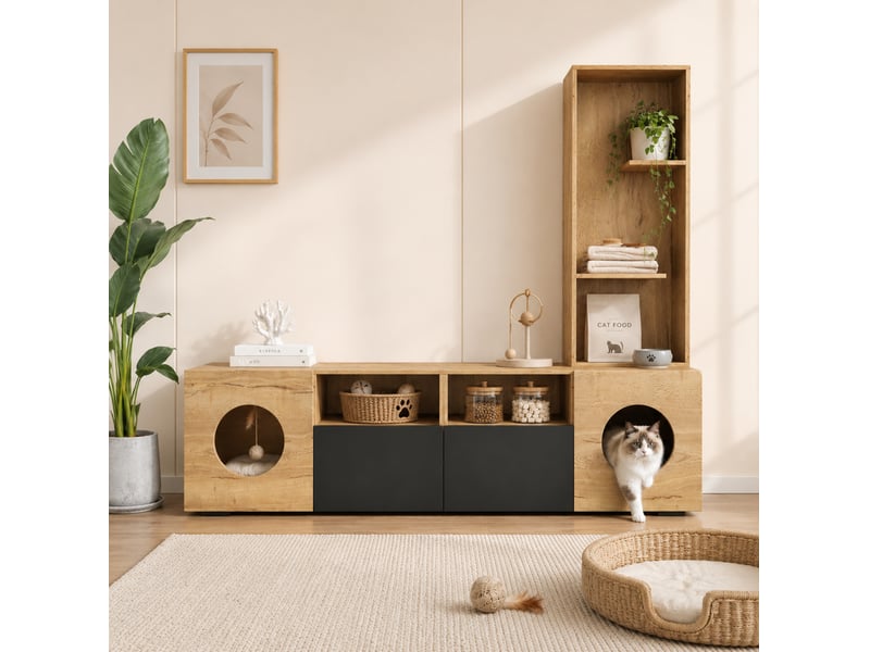  Meuble tv tcqpz avec étagère haute et espace animaux de compagnie 185 x 40 x 162 cm bois naturel et noir  - Conforama B