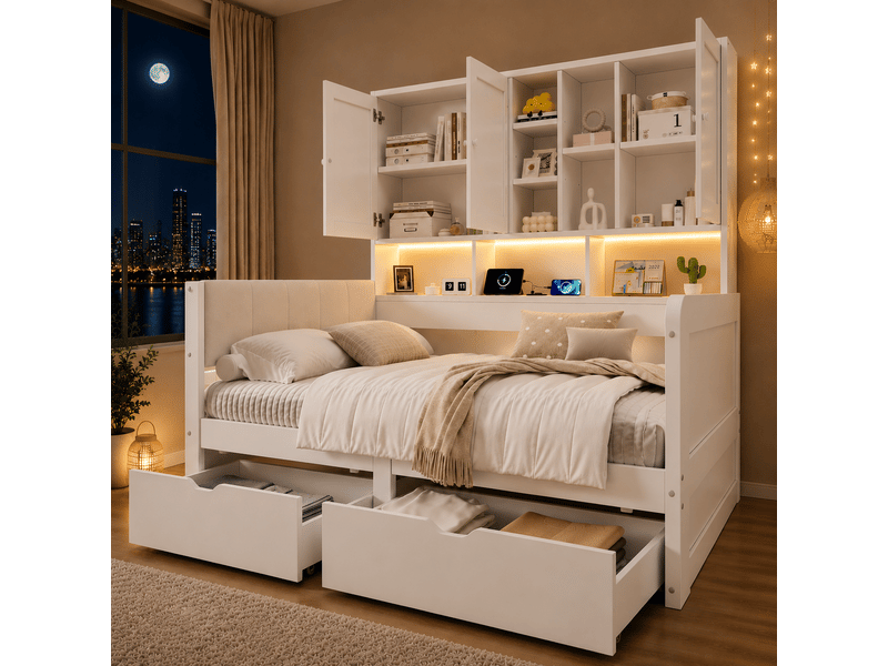  Lit enfant 90x200 avec rangement mdf blanc - tête rembourrée pu led usb  - Conforama R