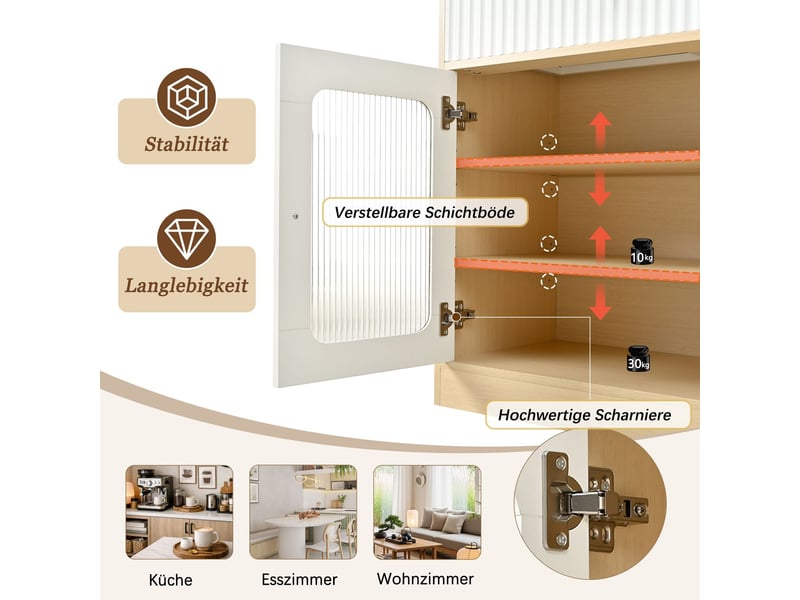  Meuble de rangement étagères réglables tiroirs intégrés éclairage led verre structuré coloris naturel  - Conforama E