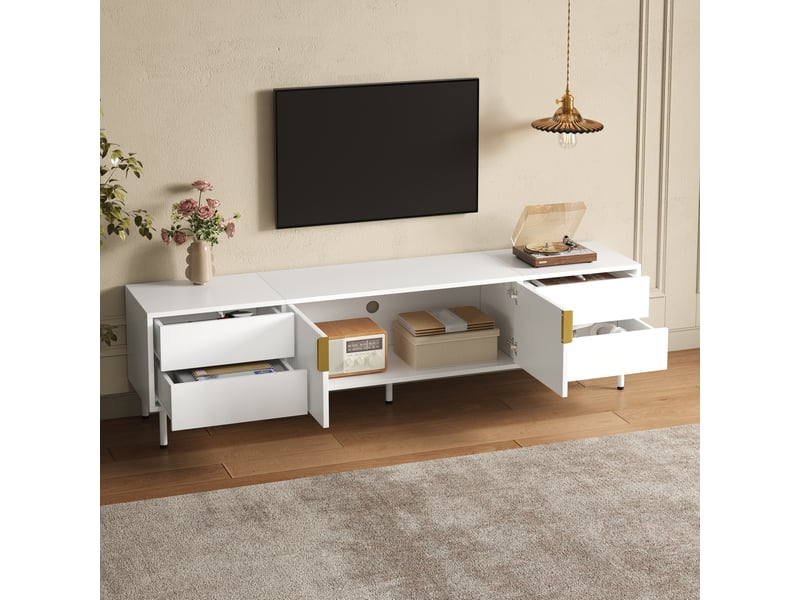  Meuble tv blanc en mdf et panneaux de particules, 4 tiroirs et 2 portes, 180 x 40 x 49,5 cm  - Conforama C