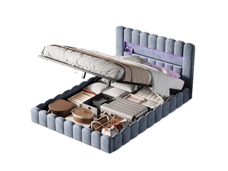 Lit coffre 180 x 200 cm avec led et ports usb,lit double rembourré , rangement hydraulique, lit fonctionnel,velours ,gris  - Conforama A