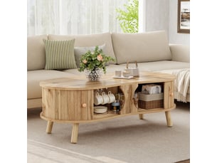 Table basse 108x50x37 cm avec 2 portes coulissantes et rangement, design galet rainuré, pieds en bois massif, mdf, naturel