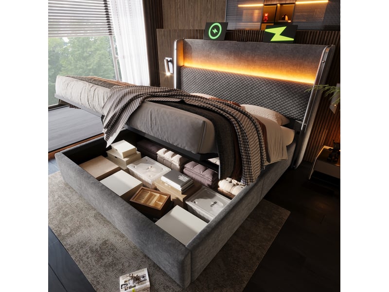 Lit coffre 180x200 cm, matelas inclus, gris, métal, lin, sommier, espace de rangement, tête de lit doté de led intégré, charge, lit adulte - Conforama E