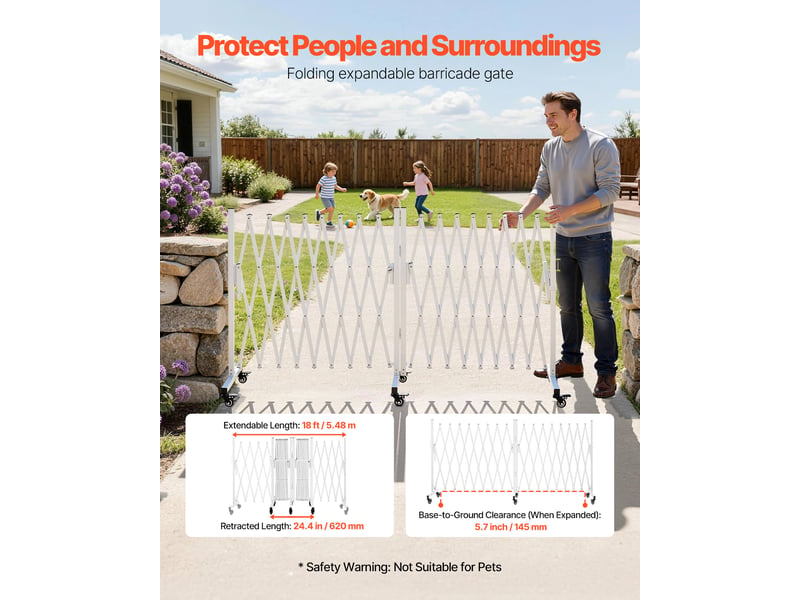  Vevor barriere de securite extensible double barriere accordeon rotative 0-180° cloture pliable 5,48 m pour terrasse, jardin, escaliers, mobile, roulettes a verrou, longueur retractee 62 cm, blanc  - Conforama C