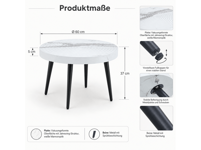  Table basse ronde 60 x 60 x 37 cm en mdf et métal, effet marbre blanc et noir  - Conforama C