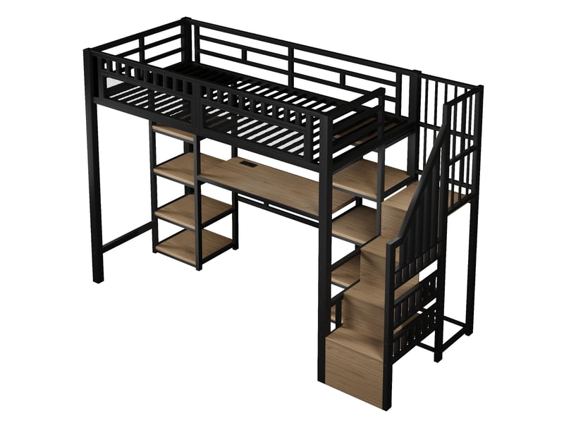  Lit mezzanine métal noir 90x200 cm avec bureau led usb rangement échelle  - Conforama E
