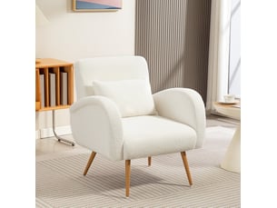 Fauteuil de lecture moderne en tissu crème avec coussin lombaire et pieds métal effet bois, pour votre salon