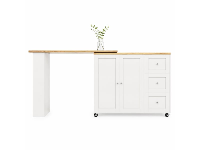 Desserte de cuisine pivotante avec 2 portes, 3 tiroirs et porte-snacks sur roulettes en mdf blanc pour séjour - Conforama A