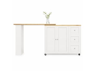 Desserte de cuisine pivotante avec 2 portes, 3 tiroirs et porte-snacks sur roulettes en mdf blanc pour séjour