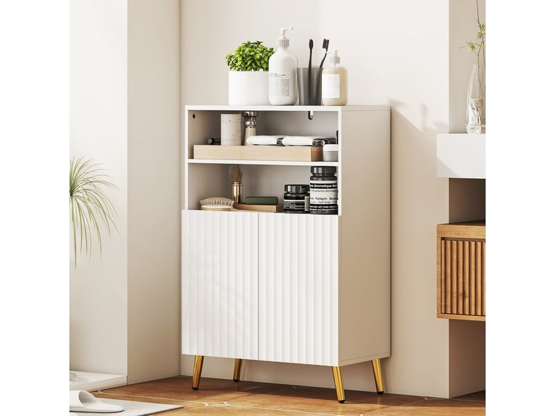  Meuble de salle de bain, commode pour salon, portes à fermeture amortie, 2 étagères ouvertes, mdf, blanc  - Conforama D