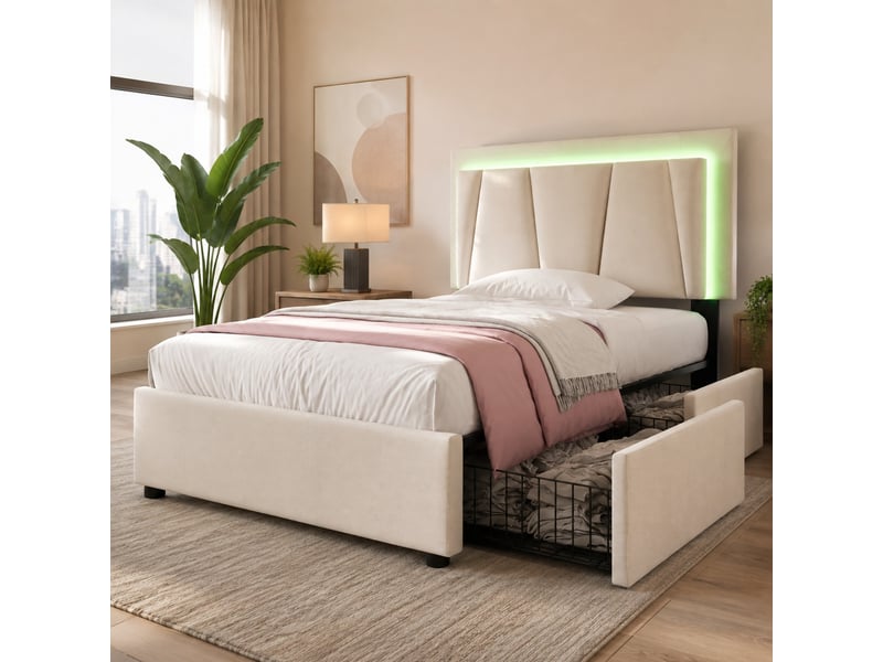  Lit simple 90x200 cm avec led, tête de lit réglable et 2 tiroirs beige  - Conforama C