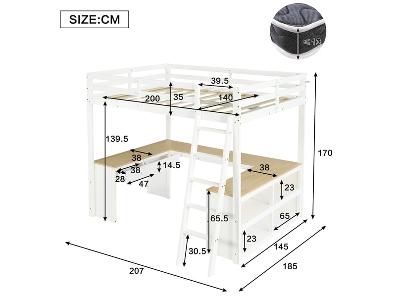  Lit mezzanine 140 × 200 cm avec bureau en u, 2 tiroirs et étagère, blancnaturel IKSETERA TRADING LTD - Conforama C