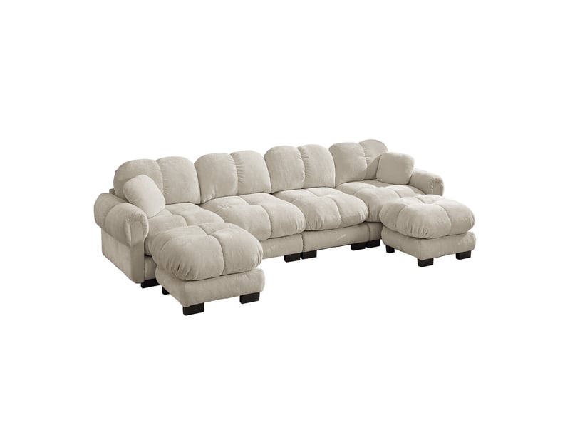  Canapé modulable 4 places 330 cm canapé droit en tissu chenille avec 2 pouf mobile, design matelassé, coussins épais, dossier ergonomique, kaki clair Seren Glow - Conforama A