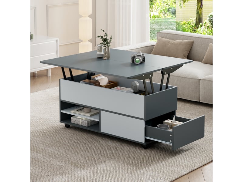  Table basse relevable 100x98cm, table de salon avec rangement caché, tiroirs et roulettes, gris et blanc  - Conforama W