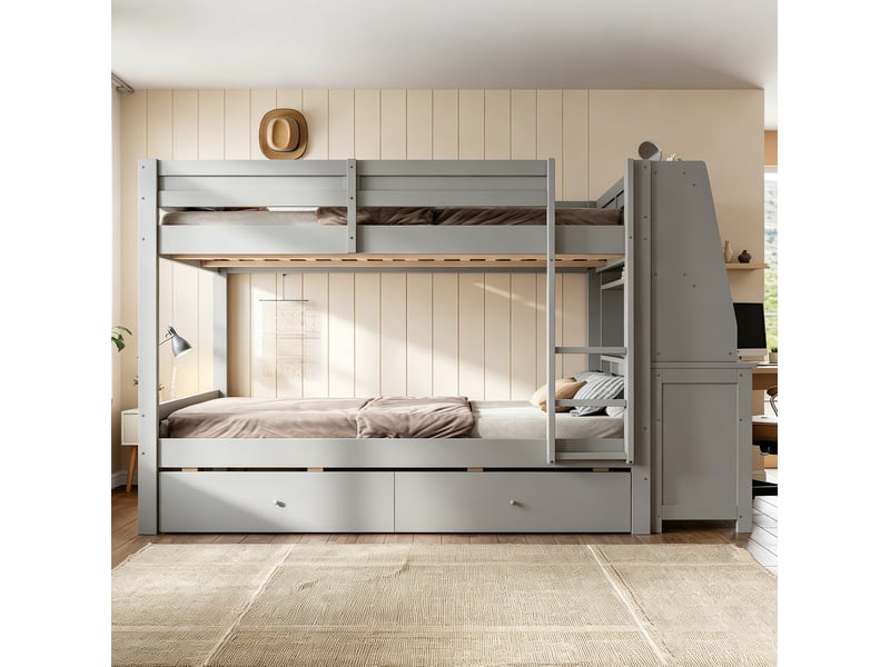 Lit superposé 140 × 200 cm, 2 couchages avec bureau, rangements et 2 tiroirs, sans matelas, en bois gris - Conforama B