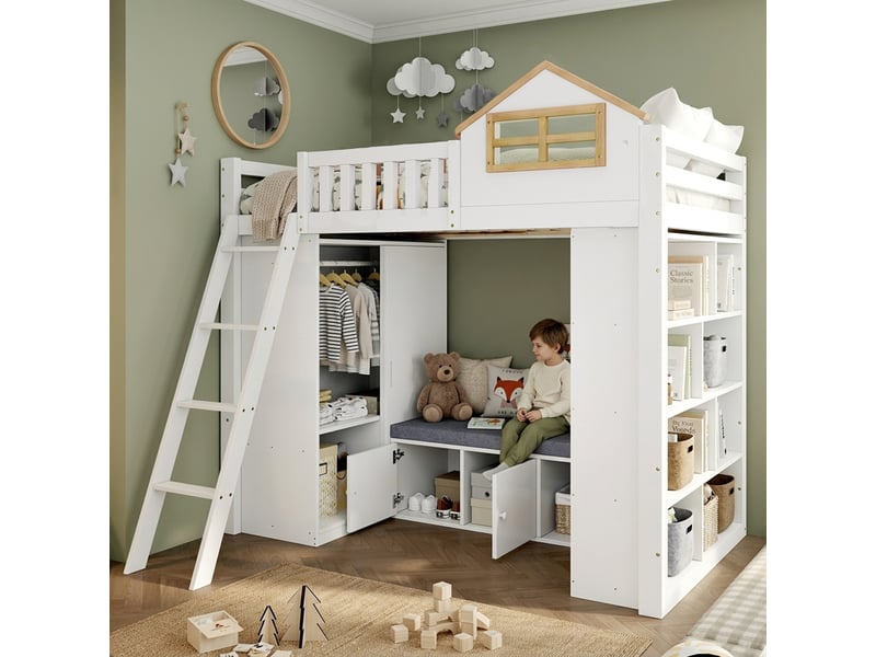  Lit mezzanine enfant 90x200 cm - avec échelle - avec armoire et étagère ouverte - banc avec rangement - bois massif + mdf - blanc (sans matelas)  - Conforama D