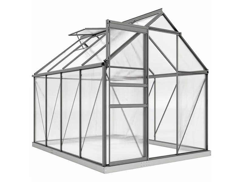  Serre en polycarbonate et aluminium avec fenêtre ouvrante et porte coulissante, 190 x 253 x 199 cm, gris foncé  - Conforama A