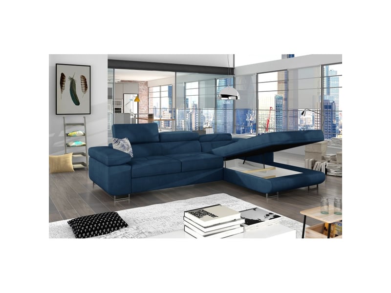 Canapé d'angle convertible amanda bleu foncé en tissu tramé fin avec coffre - Conforama B