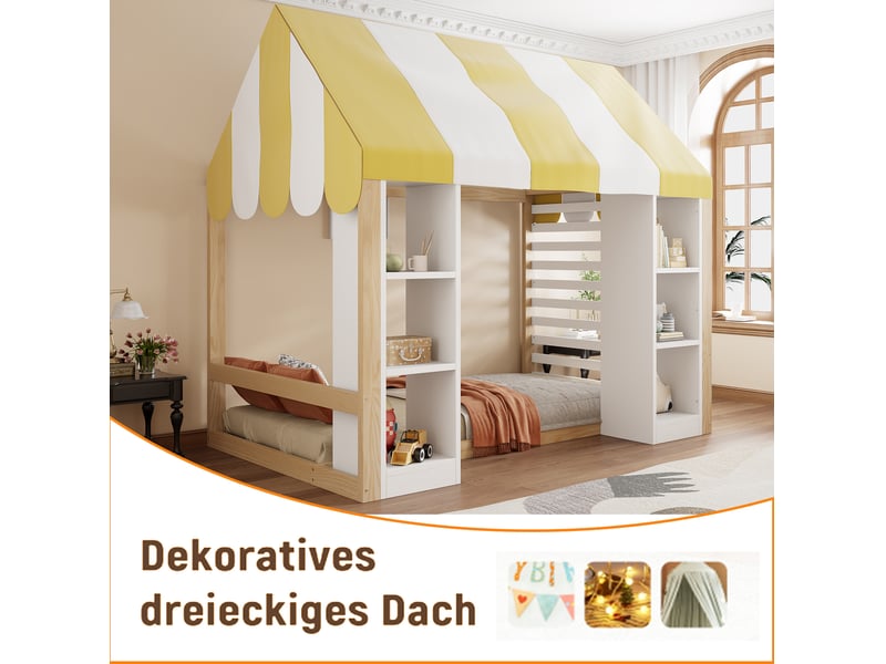  Lit enfant style campagne, 90x200 cm, solution de rangement ouvert, matelas non inclus, bois, coloris blanc et naturel  - Conforama E
