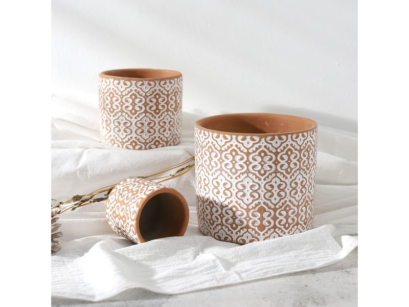  Lot de 3 pots de fleurs bohème en terre cuite rouge – cache-pots décoratifs en céramique pour intérieur et extérieur  - Conforama B