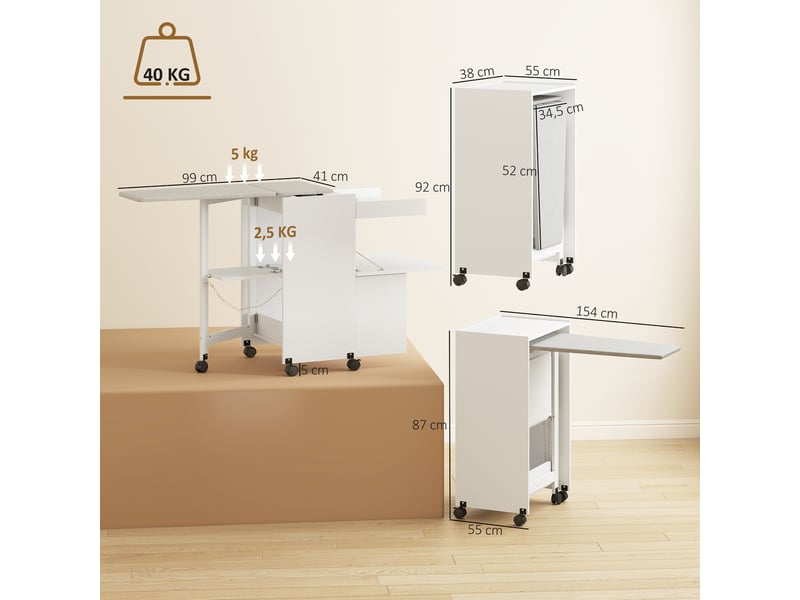  Meuble à repasser, table à repasser pliante sur roulettes avec portes par pression, blanc, charnières à fermeture douce  - Conforama C